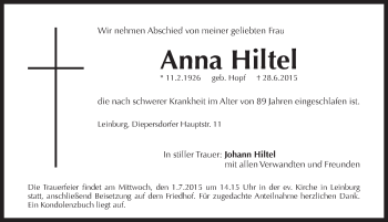 Traueranzeige von Anna Hiltel von Pegnitz-Zeitung