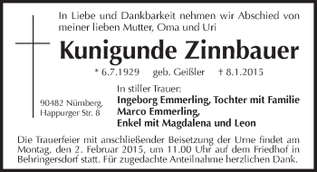 Traueranzeige von Kunigunde Zinnbauer von Pegnitz-Zeitung
