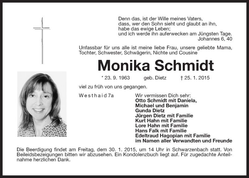  Traueranzeige für Monika Schmidt vom 28.01.2015 aus Der Bote