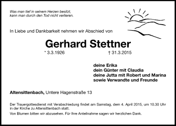 Traueranzeige von Gerhard Stettner von Hersbrucker Zeitung