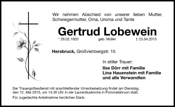 Traueranzeige von Gertrud Lobewein von Hersbrucker Zeitung