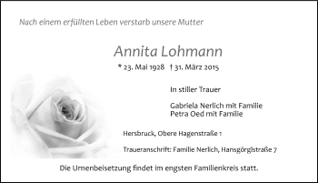 Traueranzeige von Annita Lohmann von Hersbrucker Zeitung