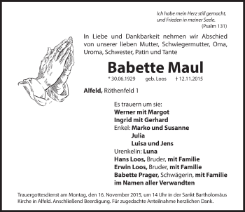 Traueranzeige von Babette Maul von Hersbrucker Zeitung