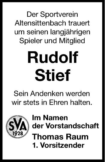 Traueranzeige von Rudolf Stief von Hersbrucker Zeitung