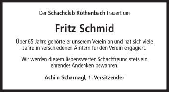 Traueranzeige von Fritz Schmid von Pegnitz-Zeitung