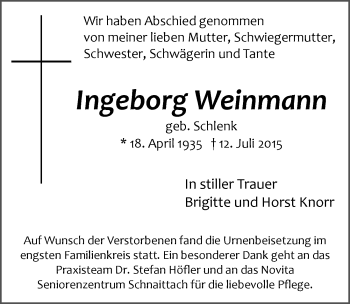 Traueranzeige von Ingeborg Weinmann von Pegnitz-Zeitung