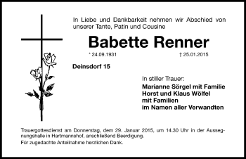 Traueranzeige von Babette Renner von Hersbrucker Zeitung