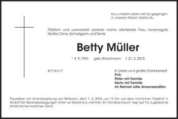 Traueranzeige von Betty Müller von Der Bote