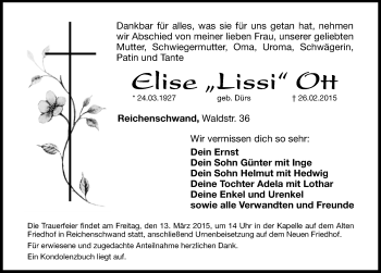 Traueranzeige von Elise Ott von Hersbrucker Zeitung