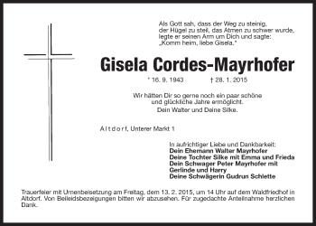 Traueranzeige von Gisela Cordes-Mayrhofer von Der Bote