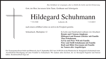 Traueranzeige von Hildegard Schuhmann von Pegnitz-Zeitung