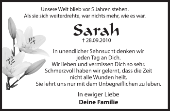Traueranzeige von Sarah  von Hersbrucker Zeitung