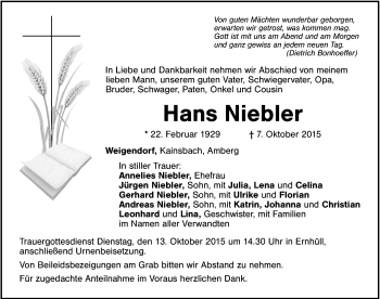 Traueranzeige von Hans Niebler von Hersbrucker Zeitung