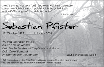 Traueranzeige von Sebastian Pfister von Pegnitz-Zeitung