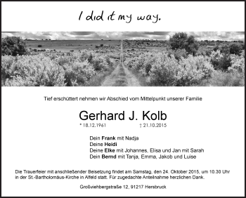 Traueranzeige von Gerhard J. Kolb von Hersbrucker Zeitung