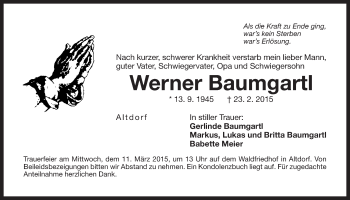Traueranzeige von Werner Baumgartl von Der Bote