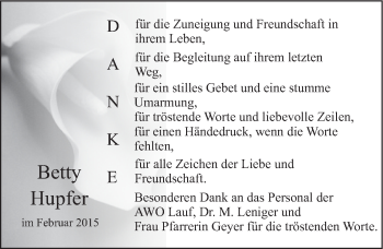 Traueranzeige von Betty Hupfer von Pegnitz-Zeitung