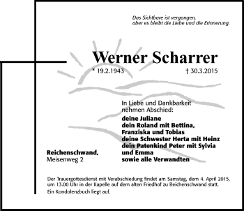 Traueranzeige von Werner Scharrer von Hersbrucker Zeitung