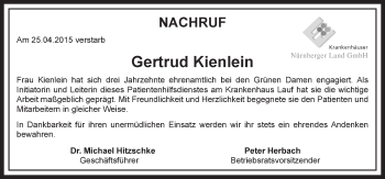 Traueranzeige von Gertrud Kienlein von Pegnitz-Zeitung