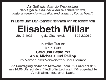 Traueranzeige von Elisabeth Millar von Pegnitz-Zeitung