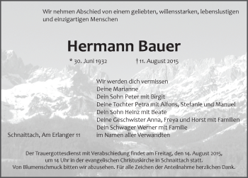 Traueranzeige von Hermann Bauer von Pegnitz-Zeitung