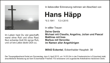 Traueranzeige von Hans Häpp von Pegnitz-Zeitung