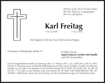 Traueranzeige von Karl Freitag von Pegnitz-Zeitung