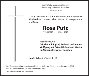 Traueranzeige von Rosa Putz von Hersbrucker Zeitung