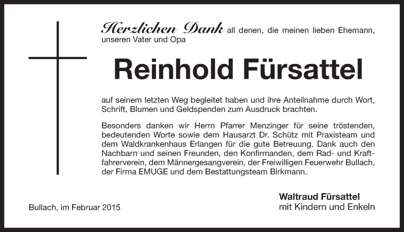  Traueranzeige für Reinhold Fürsattel vom 14.02.2015 aus Pegnitz-Zeitung