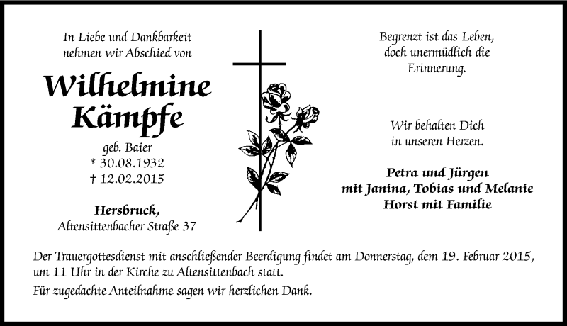  Traueranzeige für Wilhelmine Kämpfe vom 17.02.2015 aus Hersbrucker Zeitung
