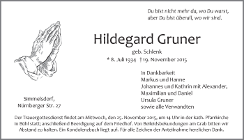 Traueranzeige von Hildegard Gruner von Pegnitz-Zeitung