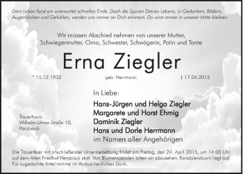 Traueranzeige von Erna Ziegler von Hersbrucker Zeitung