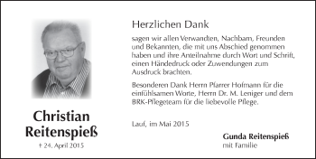 Traueranzeige von Christian Reitenspiess von Pegnitz-Zeitung