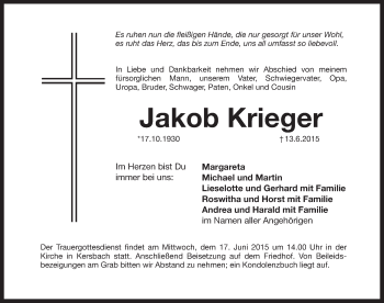 Traueranzeige von Jakob Krieger von Pegnitz-Zeitung