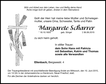 Traueranzeige von Margarete Scharrer von Hersbrucker Zeitung