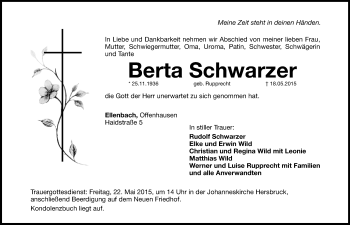 Traueranzeige von Berta Schwarzer von Hersbrucker Zeitung