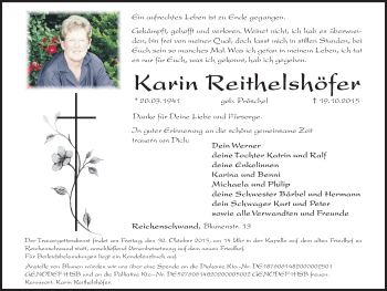 Traueranzeige von Karin Reithelshöfer von Hersbrucker Zeitung