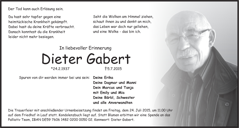  Traueranzeige für Dieter Gabert vom 22.07.2015 aus Pegnitz-Zeitung