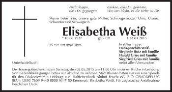 Traueranzeige von Elisabetha Weiß von Der Bote