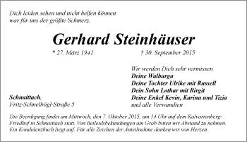 Traueranzeige von Gerhard Steinhäuser von Pegnitz-Zeitung