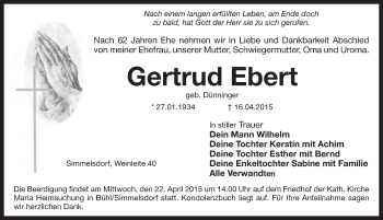 Traueranzeige von Gertrud Ebert von Pegnitz-Zeitung