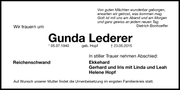 Traueranzeige von Gunda Lederer von Hersbrucker Zeitung