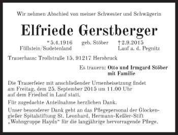 Traueranzeige von Elfriede Gerstberger von Pegnitz-Zeitung