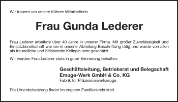 Traueranzeige von Gunda Lederer von Pegnitz-Zeitung