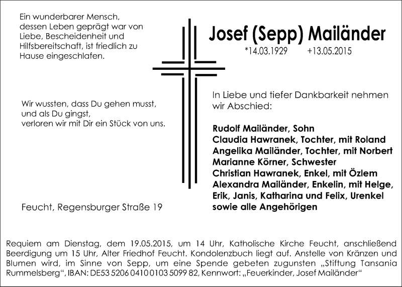  Traueranzeige für Josef Mailänder vom 16.05.2015 aus Der Bote