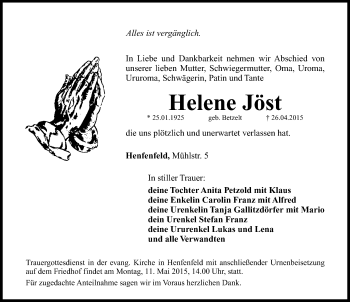 Traueranzeige von Helene Jöst von Hersbrucker Zeitung