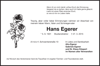 Traueranzeige von Hans Egerer von Der Bote