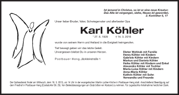 Traueranzeige von Karl Köhler von Der Bote