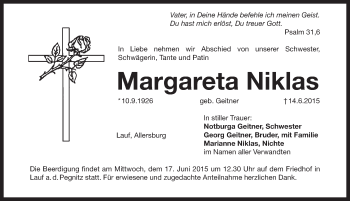 Traueranzeige von Margareta Niklas von Pegnitz-Zeitung