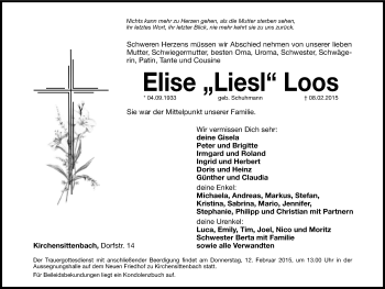 Traueranzeige von Elise Loos von Hersbrucker Zeitung